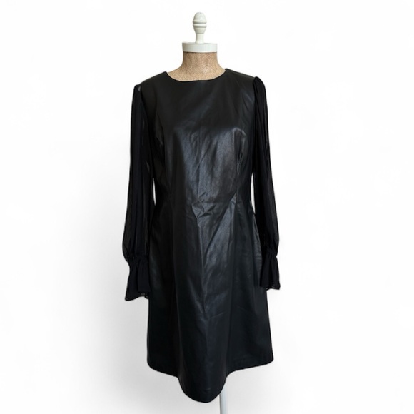 Calvin Klein Women’s Black Chiffon Sleeve Faux Leather Sheath Dress Size 12 NEW - Picture 8 of 9